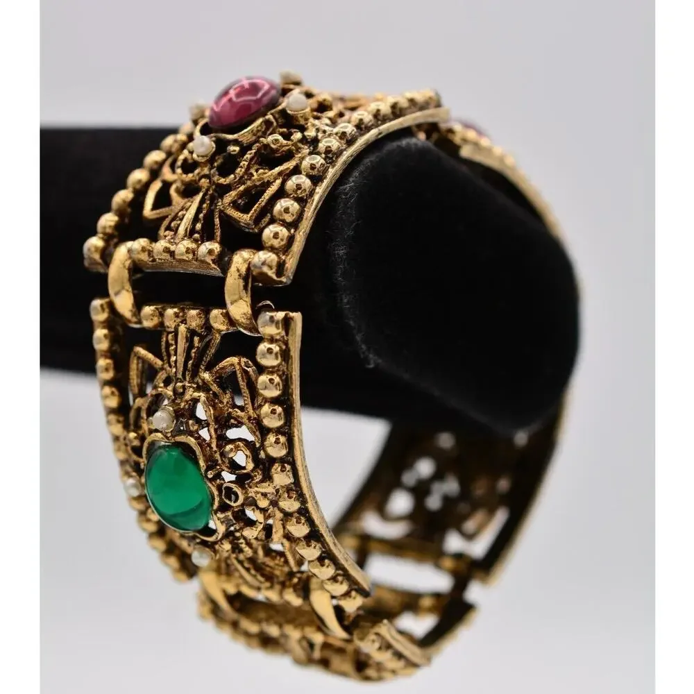 Vintage Cabochon Bracelet Multi-Color Antiqued Aged Gold Heavy Chunky 1960s Bin5